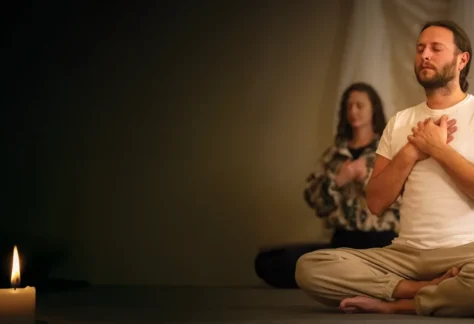 two people sitting in meditation in front of a candle