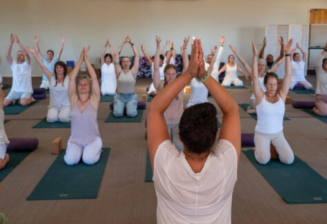 People gathered for a yoga class during the Mount Madonna Living Yoga Retreat in springtime.