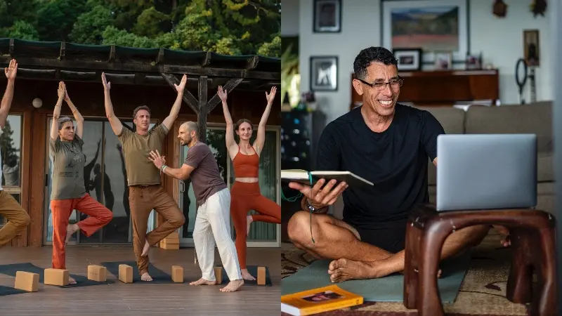Side-by-side images representing online and in-person Yoga Teacher Training experiences