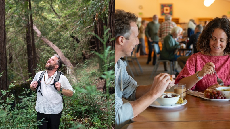 Two people enjoying a meal at Mount Madonna dining hall and a man walking through the redwood forest