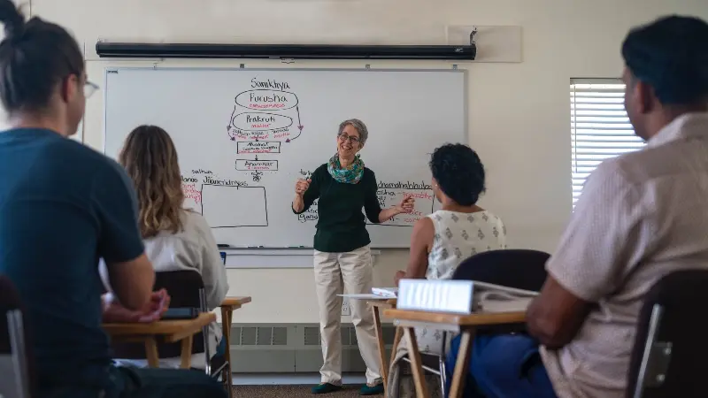 Yoga Teacher Training instructor presenting yogic philosophy to a class