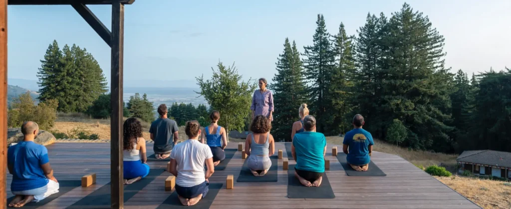 Panoramic view of Mount Madonna Center with Yoga Teacher Training YTT Program students practicing outdoors in the Santa Cruz Mountains.