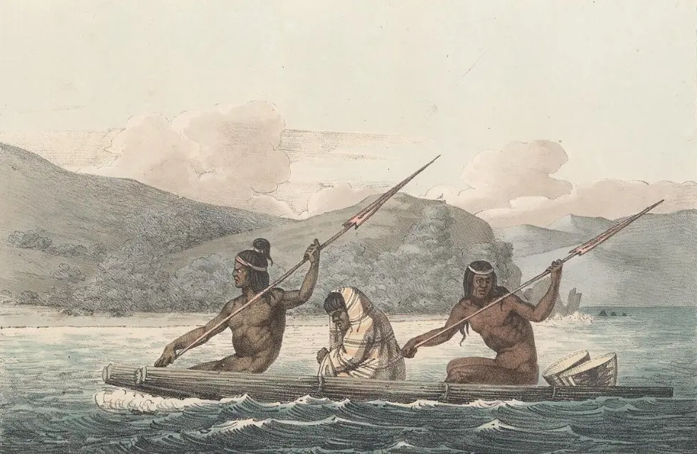 Painting-of-three-Ohlone-people-crossing-the-waters-in-San-Francisco-Bay-by-Louis-Choris