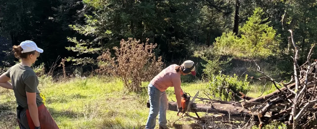 Two participants helping cut branches and prepare burn piles.