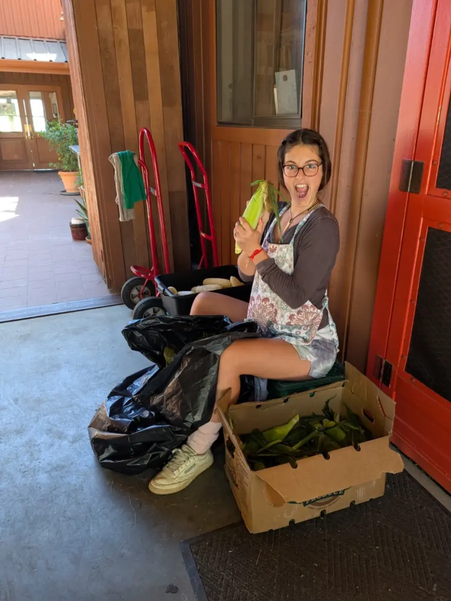 Rotational volunteer, Mica, with corn, during summer cohort of Volunteer Program at Mount Madonna.