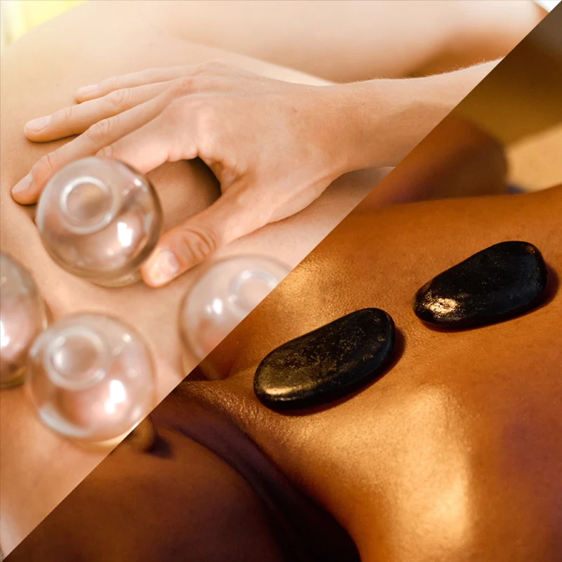 Split image representing combined offering of cupping therapy and hot stone massage at Kaya Kalpa Wellness Center