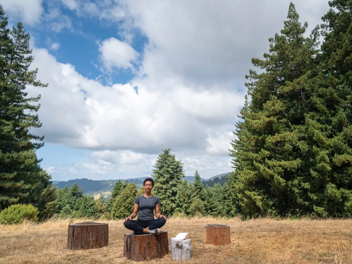 Woman meditating on a stump in the redwoods at Mount Madonna
