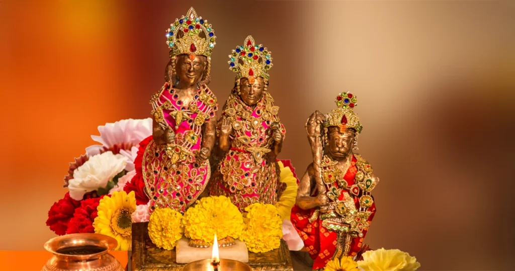 Statues of Lord Rama, Princess Sita, and Hanuman in honor of Ram Navami
