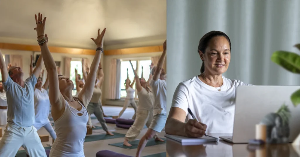 Two pictures, one of person studying at home, one of a group of people studying Advanced Yoga Studies YTT 300 at Mount Madonna