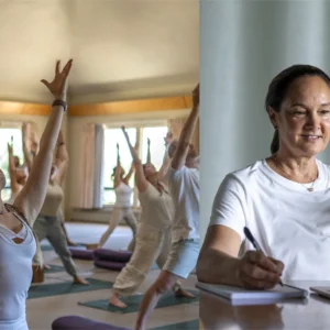 Two pictures, one of person studying at home, one of a group of people studying Advanced Yoga Studies YTT 300 at Mount Madonna