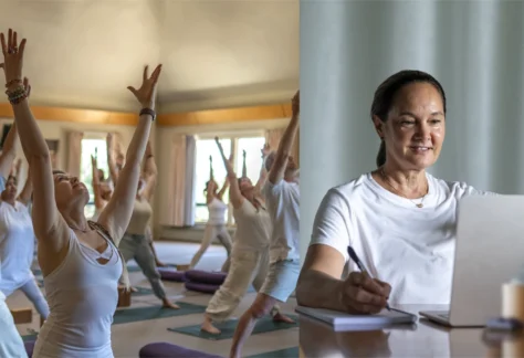 Two pictures, one of person studying at home, one of a group of people studying Advanced Yoga Studies YTT 300 at Mount Madonna