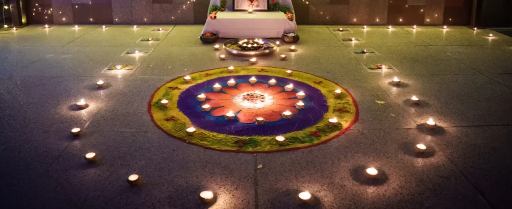 Tea lights and rangoli for Diwali at Sri Ram Ashram in Northern India