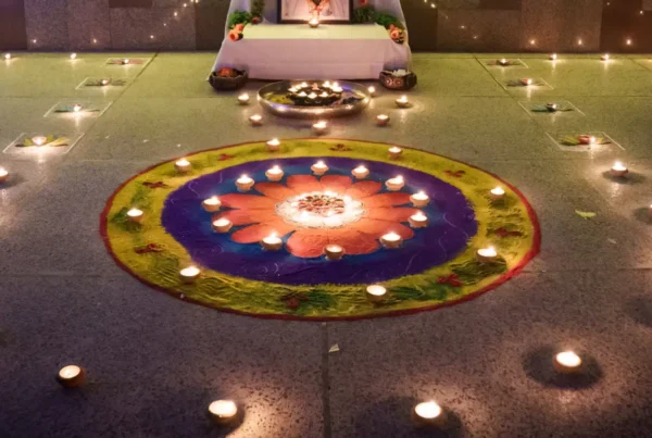 Tea lights and rangoli for Diwali at Sri Ram Ashram in Northern India
