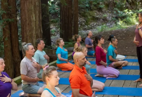People on bridge in the redwoods for a yoga asana and meditation class at Mount Madonna