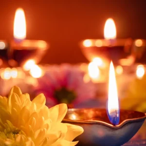 Tea lights and flowers to celebrate Navaratri & Vijay Dasami at Mount Madonna, a yoga retreat center in Northern California