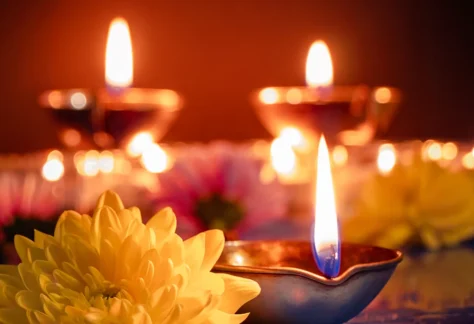Tea lights and flowers to celebrate Navaratri & Vijay Dasami at Mount Madonna, a yoga retreat center in Northern California