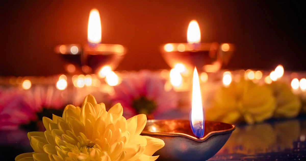 Tea lights and flowers to celebrate Navaratri & Vijay Dasami at Mount Madonna, a yoga retreat center in Northern California