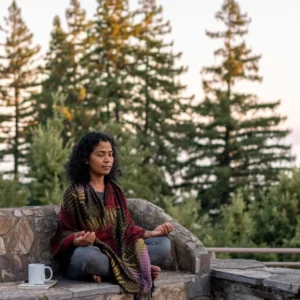 Person sitting outside among the redwood trees during the Fall Silent Meditation Retreat at Mount Madonna in Northern California
