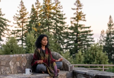Person sitting outside among the redwood trees during the Fall Silent Meditation Retreat at Mount Madonna in Northern California