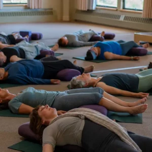 Group of people laying on ground during a restorative yoga class at Mount Madonna