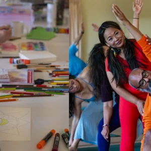 Two images, side-by-side, for art and yoga Mountain Experience, to the left is a person creating mandala art, to the right is a yoga asana class