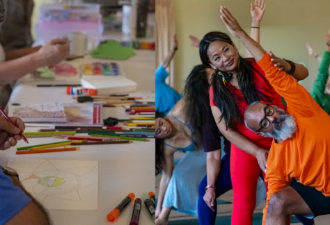 Two images, side-by-side, for art and yoga Mountain Experience, to the left is a person creating mandala art, to the right is a yoga asana class