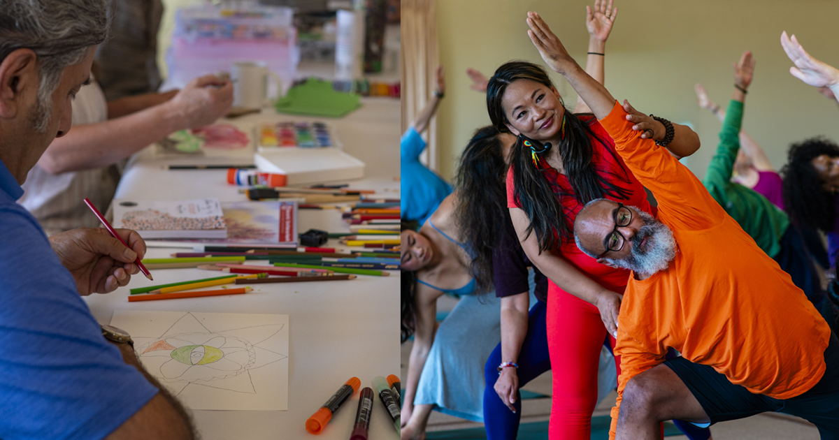 Two images, side-by-side, for art and yoga Mountain Experience, to the left is a person creating mandala art, to the right is a yoga asana class
