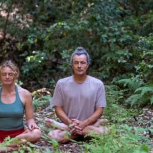 Two people sitting outside among the redwoods for Meditation in Nature class at Mount Madonna, a yoga retreat center in Northern California