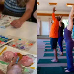 Two pictures side-by-side, one of people doing art, one of people in yoga asana class, for a Weekend in Community, Fall 2026