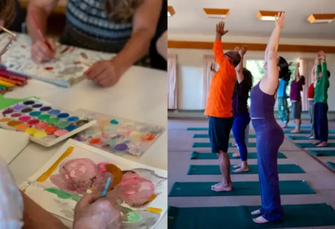 Two pictures side-by-side, one of people doing art, one of people in yoga asana class, for a Weekend in Community, Fall 2026