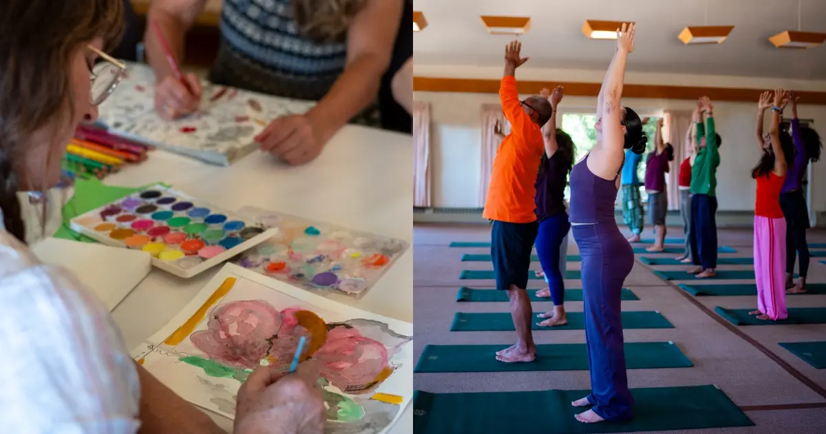 Two pictures side-by-side, one of people doing art, one of people in yoga asana class, for a Weekend in Community, Fall 2026