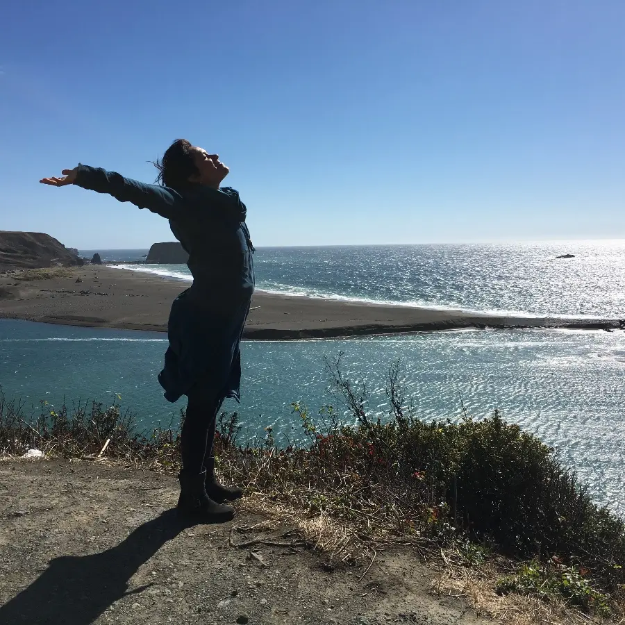 Person standing on cliff overlooking the ocean with arms outstretched, for the Women Embracing Transformation Retreat from Women Who Are Up to Something, February 2027 at Mount Madonna
