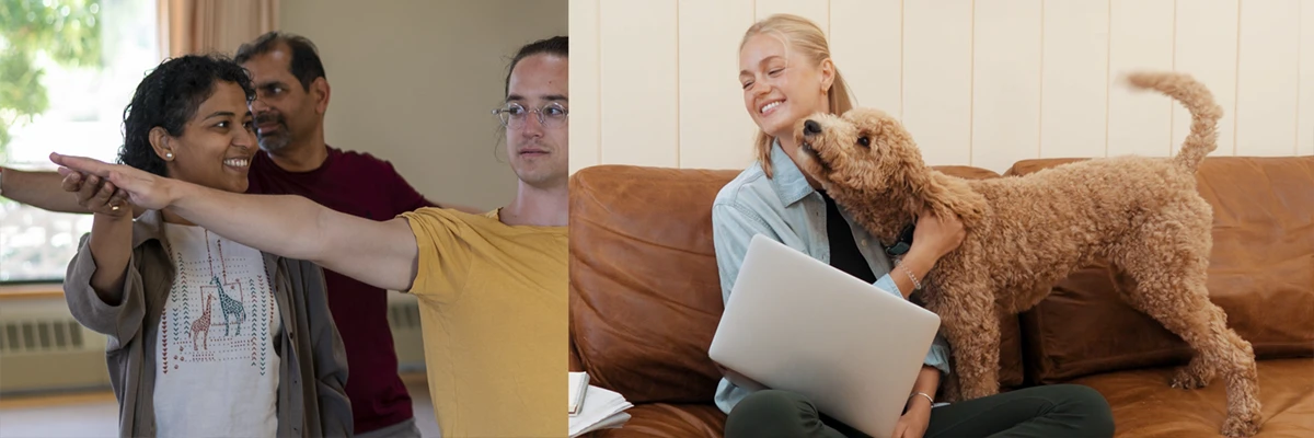 Two photos side-by-side, one of an in-person yoga class, one of a person studying at home with their dog, for Mount Madonna's Foundational Studies 5-month Hybrid Yoga Teacher Training YTT 200 program