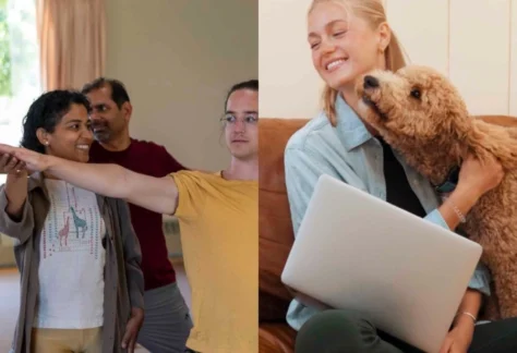 An in-person yoga class, and a person studying at home with their dog, to reflect the hybrid format of Mount Madonna's Foundational Studies 5-month Hybrid Yoga Teacher Training YTT 200 program