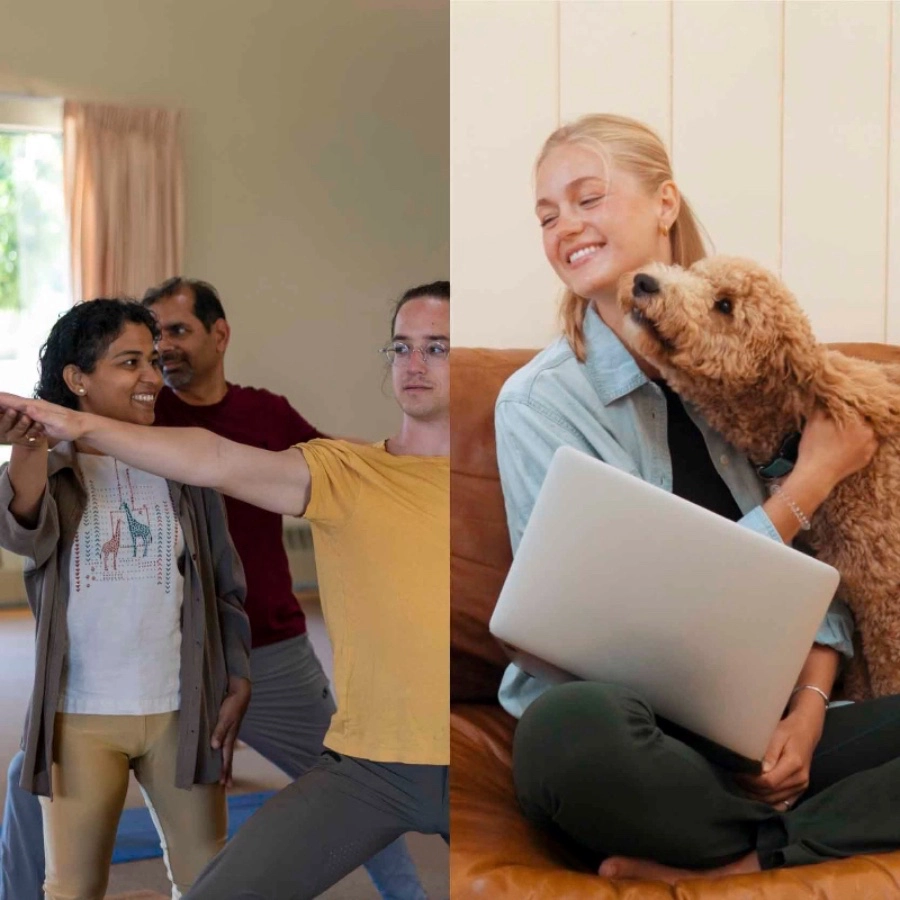 An in-person yoga class, and a person studying at home with their dog, to reflect the hybrid format of Mount Madonna's Foundational Studies 5-month Hybrid Yoga Teacher Training YTT 200 program