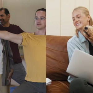 An in-person yoga class, and a person studying at home with their dog, to reflect the hybrid format of Mount Madonna's Foundational Studies 5-month Hybrid YTT 200 Yoga Teacher Training program