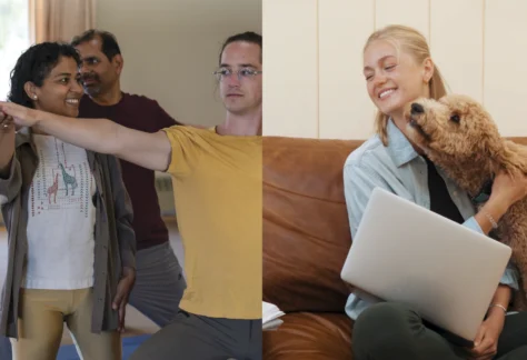 An in-person yoga class, and a person studying at home with their dog, to reflect the hybrid format of Mount Madonna's Foundational Studies 5-month Hybrid YTT 200 Yoga Teacher Training program