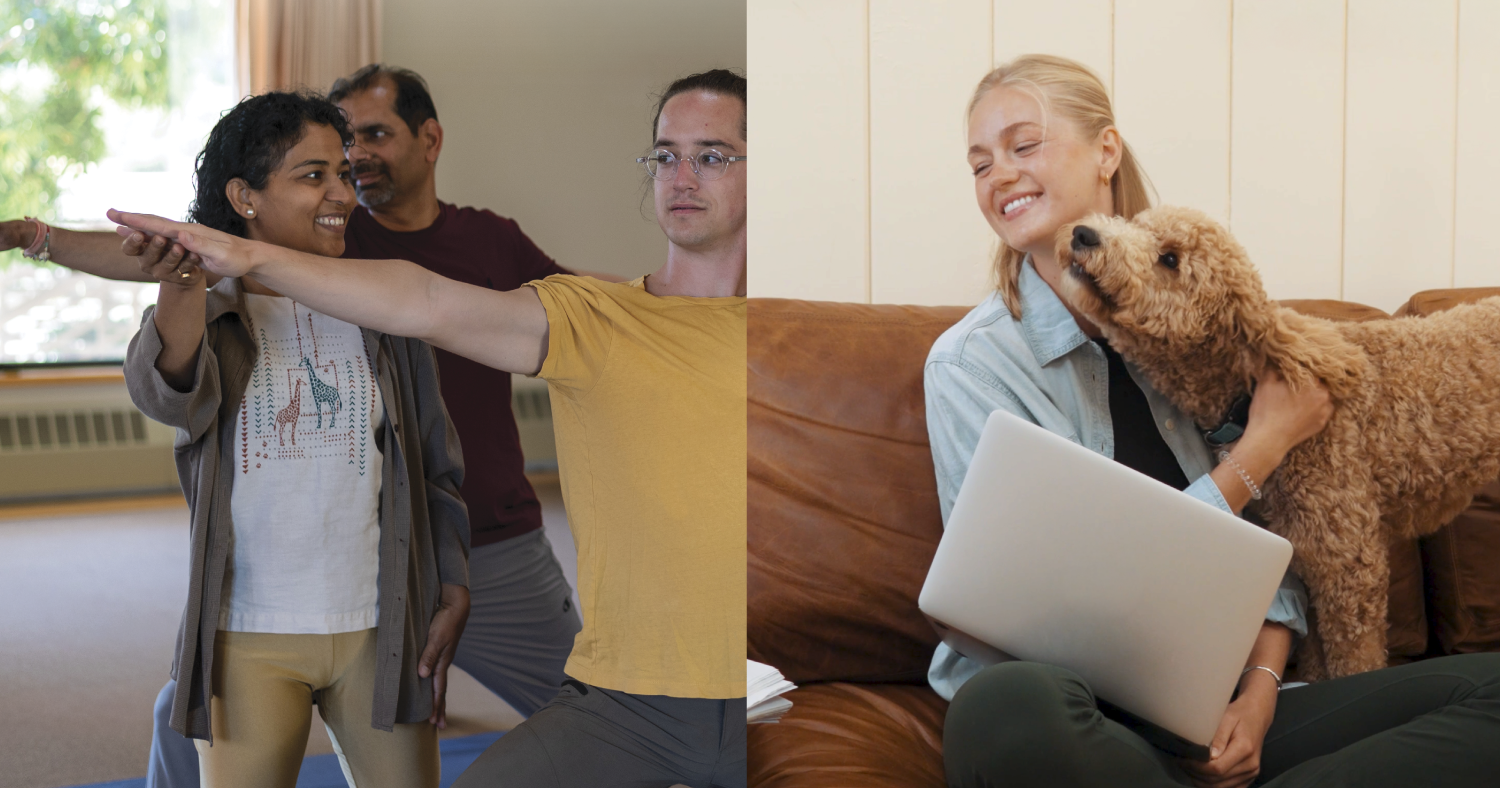 An in-person yoga class, and a person studying at home with their dog, to reflect the hybrid format of Mount Madonna's Foundational Studies 5-month Hybrid YTT 200 Yoga Teacher Training program