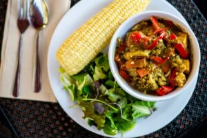 Plate of food at Mount Madonna, a yoga retreat center in Northern California