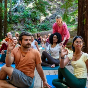 People in yoga asana (postures) class on a bridge in the forest during Mount Madonna's Foundational Yoga Studies In-Person YTT 200 Intensive