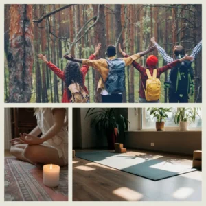 Three pictures, 1, people outside in the forest, 2, person meditating, 3, yoga mat, for We Make It Matter's two-night retreat at Mount Madonna